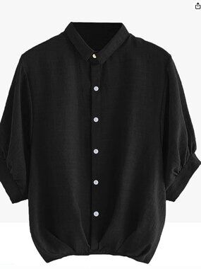 Cute Black button up short sleeve collared shirt -over sized  size small